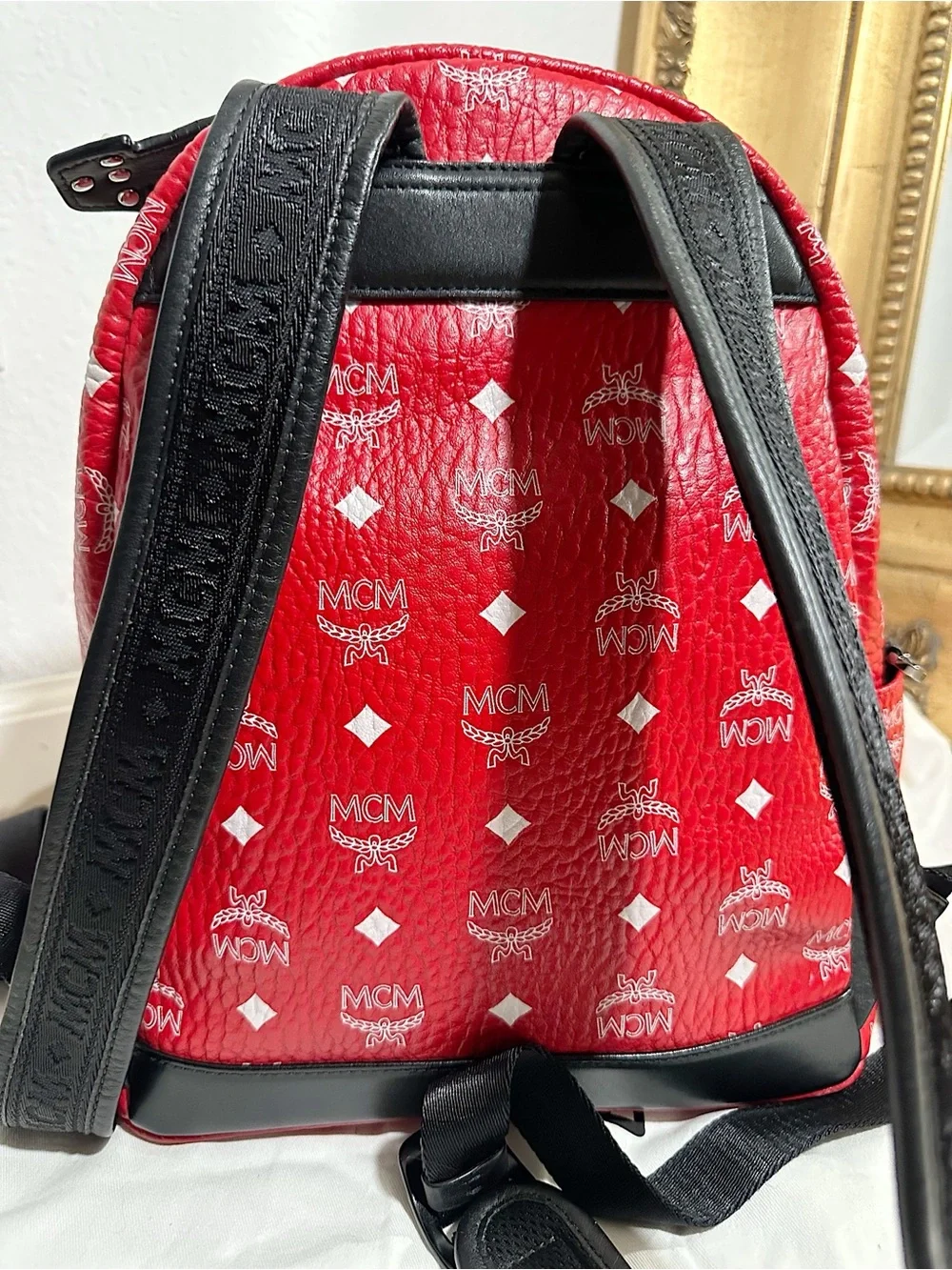 Worn Once MCM Stark Backpack in White Visetos Viva Red Stud